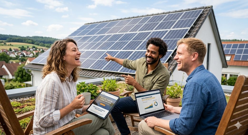 Drei Personen lachen und besprechen Solarenergie auf einem Dach mit Solarpanels.